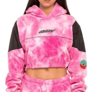 Grimy GRMY Space Lady Pink and Black Cropped Comfy Bleached Hoodie Pullover LRG